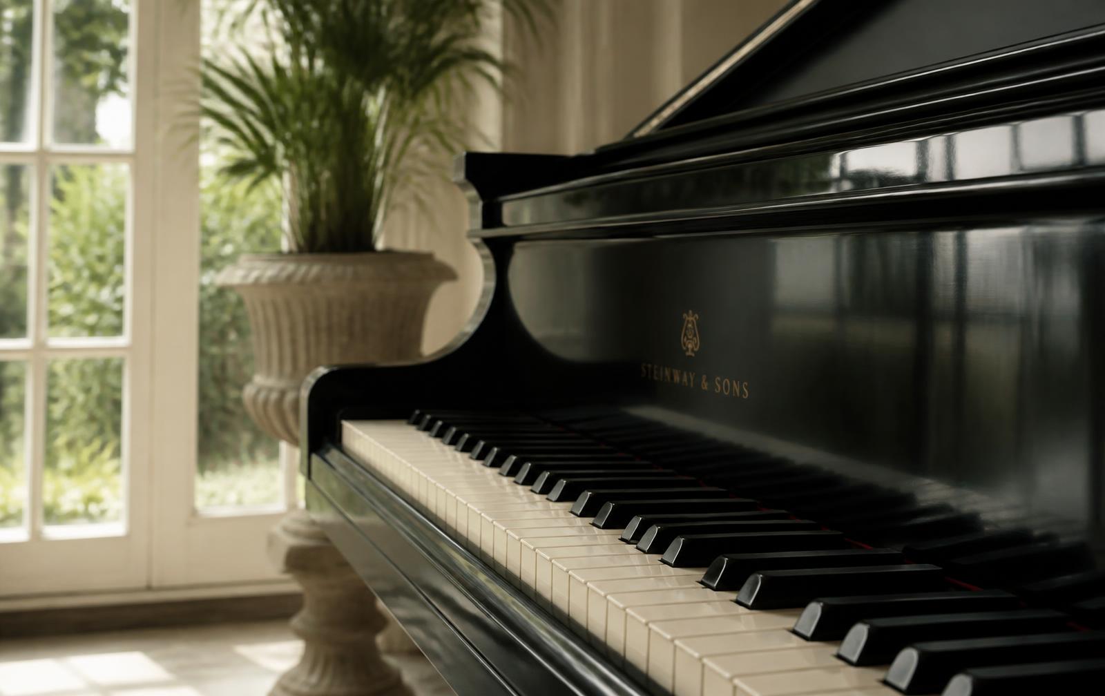 Grand piano keyboard in soft daylight in a quiet studio